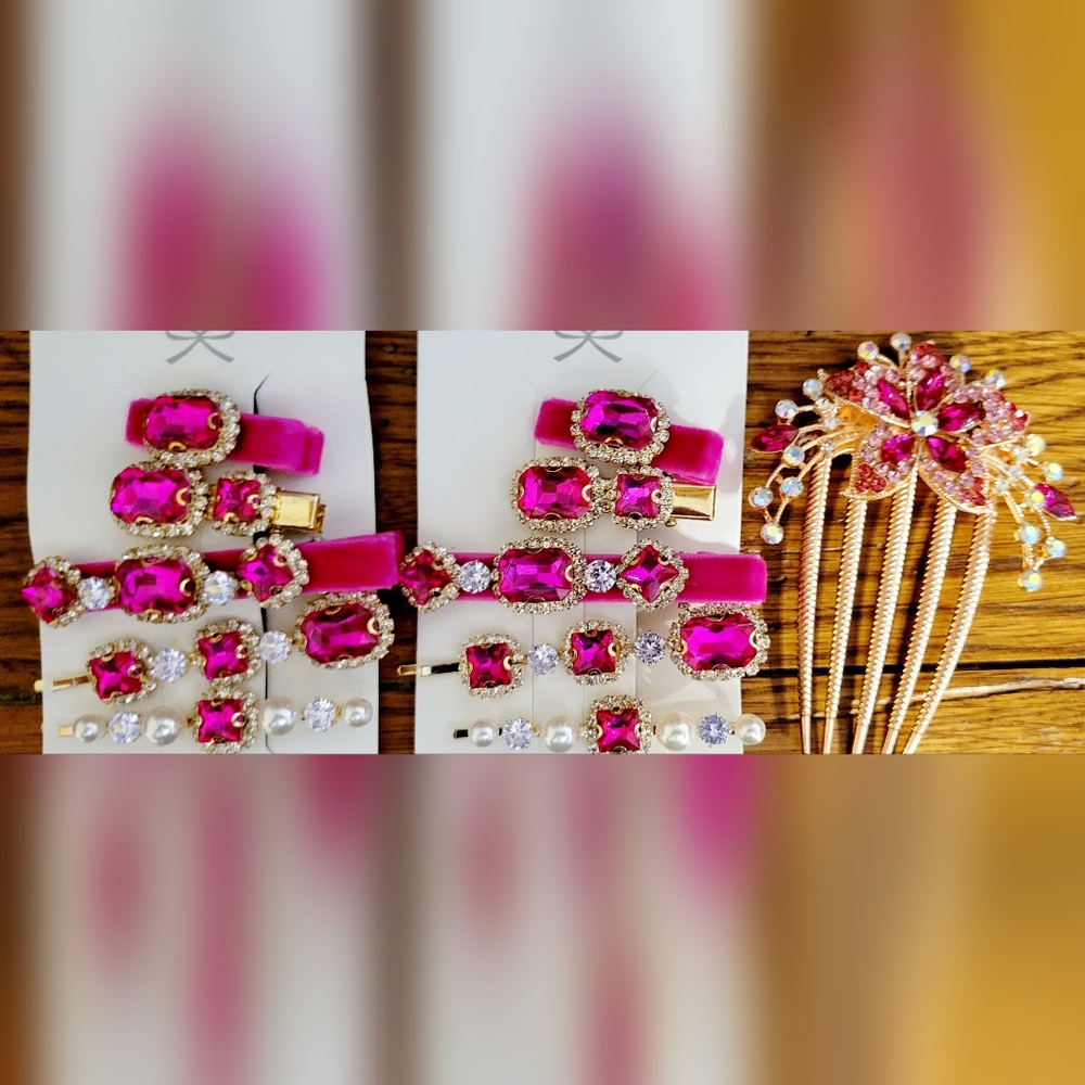 Fushia Pink LOT Hair Accessories Wedding Prom Gold